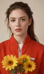 a young woman poses with flowers in her hands