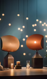 two lamps sitting on top of wooden tables