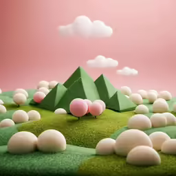 an arrangement of miniature hills and grass with large balls
