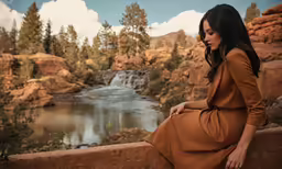 a woman wearing a dress and coat leaning on a stone wall with a waterfall in the background
