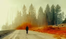a person walking down the road with a lot of trees in the background