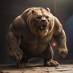 a large lion stands on brick pavement in a darkened room