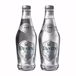 two bottles of danon soda sitting side by side