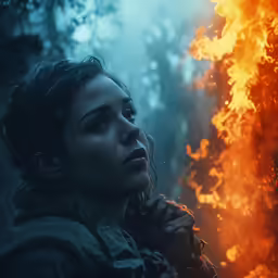a woman in the dark, holding a gun and standing near an open fire