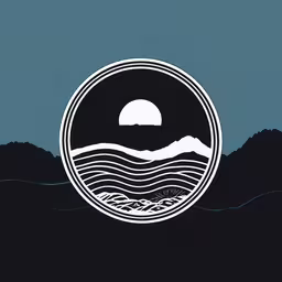 a blue, black and white graphic depicting a round beach scene with waves in the ocean,a mountain view with the ocean and clouds in a circle