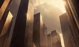 sun shining through skyscrapers with hazy sky