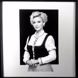 a lady in a black and white dress is holding her hand on the waist