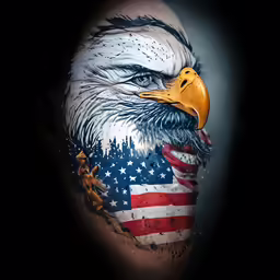 an eagle with an american flag painted on his face