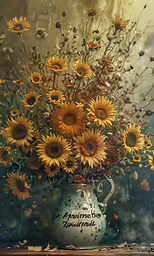 there is a vase that has sunflowers in it