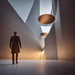 a man wearing a suit is looking at a light