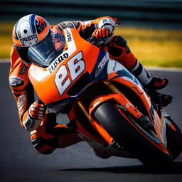 a man riding an orange motorcycle on top of a race track