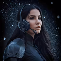 a woman wearing black is listening to headphones