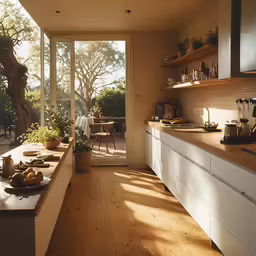 a kitchen with wood floors and lots of windows