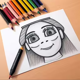 there is a drawing of a girl on the paper,pencils are next to a drawing of a child