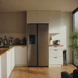 a room with a door that leads to a very big kitchen