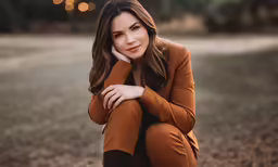 an attractive woman sitting on top of a field