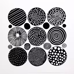 a print with a bunch of circles and smaller dots,an abstract print featuring various circles and circles