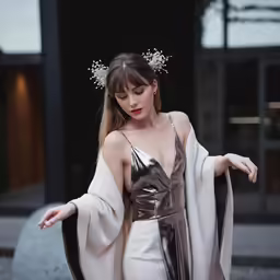 a girl in white dress holding onto a robe