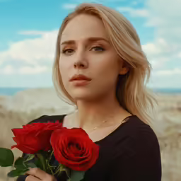 a blonde woman holding roses in front of a rocky landscape