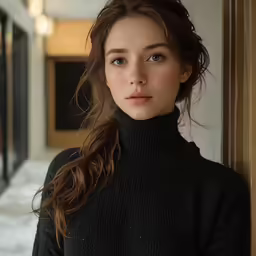 a woman with long hair and a turtle neck top
