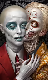 two zombie lovers hugging each other in the midst of leaves