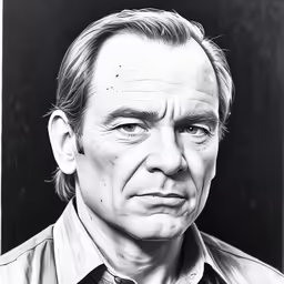 a black and white image of a man looking at the camera