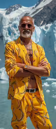 a man in yellow pajamas is standing with arms crossed,an older man in bright yellow clothes standing with his arms crossed