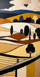 an image of a landscape with mountains and trees,an image of a painting of hills and trees