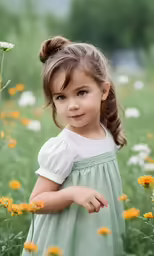 a small girl is standing in a field full of flowers