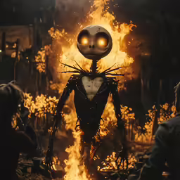 the jack skelling is dressed up in a skeleton costume while people sit around watching