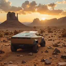 a desert scene at sunset, with a futuristic vehicle parked in the foreground