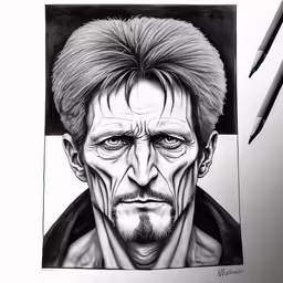 the artist is drawing his face in pencil