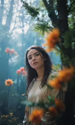 woman standing in forest surrounded by flowers and foliage