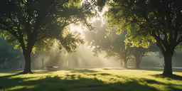 sunlight shines through the trees onto a park bench