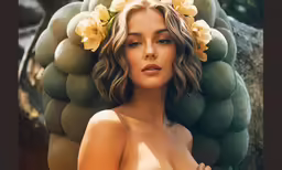 beautiful woman with flowers on her head by the stone