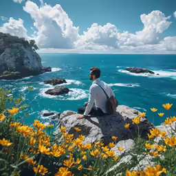 man sitting on rock overlooking body of water and flowers