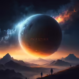 a sci - fiish planet with mountains and sky in the background