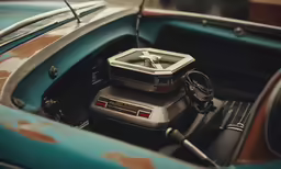 two pieces of luggage in the compartment of a car