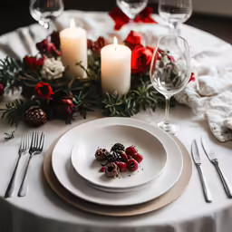 white plates with flowers on top and two candle lit candles