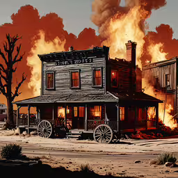a painting of firemen putting out a house on fire,the image shows an old house that is in the country