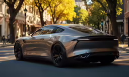 the rear end of a gray sports car on a street