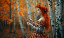 a woman with bright orange hair standing in the woods