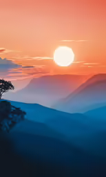 an orange sun setting over some hills and trees