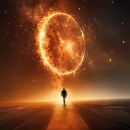 the man stands in front of a glowing orange sun