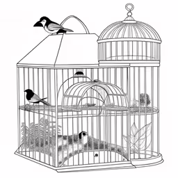 a bird cage with an umbrella and two birds inside,a bird inside of a cage with a squirrel inside it