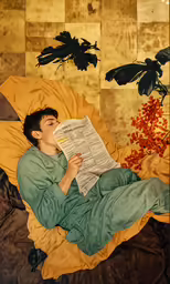 a young man laying on top of a bed reading a newspaper