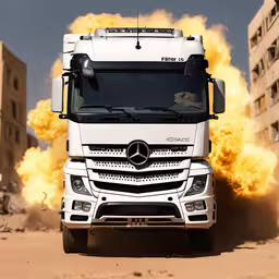 the mercedes benz benz actros truck rolls down the street,a white truck with red and yellow dust on the side of it