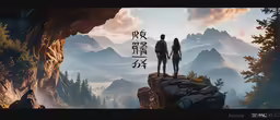 two people standing on top of a cliff in a mountainous area