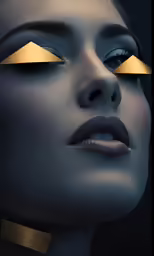a woman wearing gold and black makeup is shown with her eyes partially closed