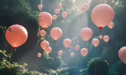many different sized balloons floating in the air